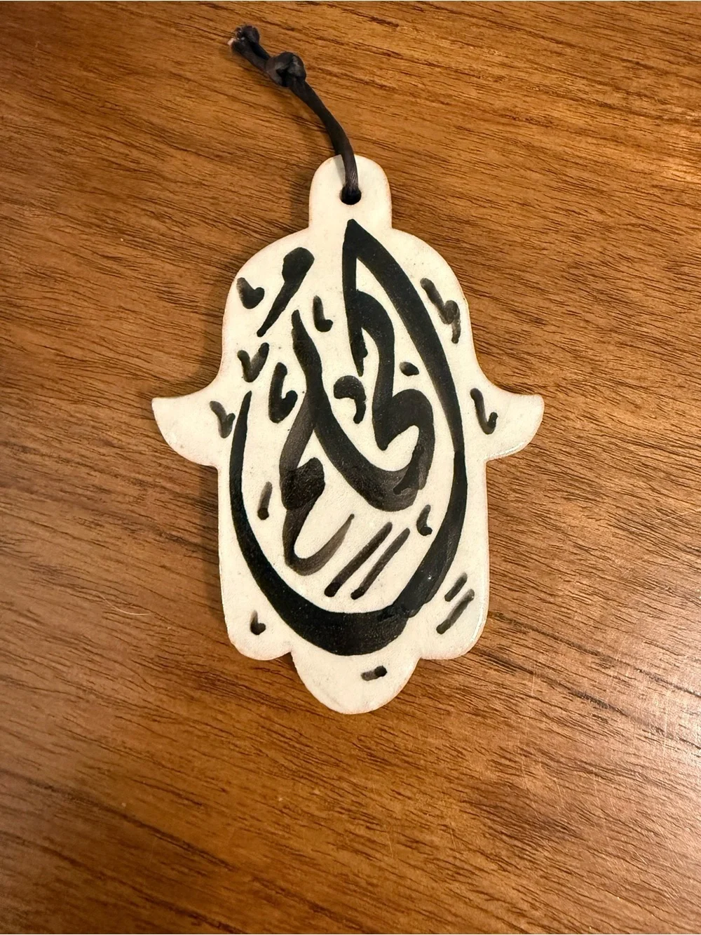 Handcrafted White Hamsa Ornament with Black Arabic Calligraphy